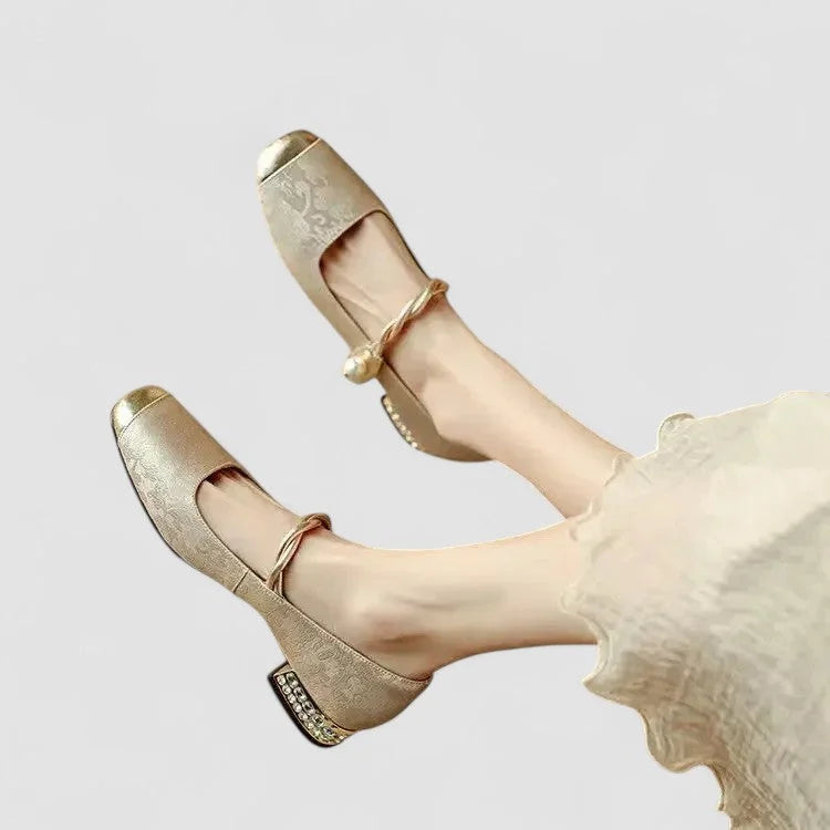 Patterned Mary Jane Shoes with Gold Toe and Block Heel