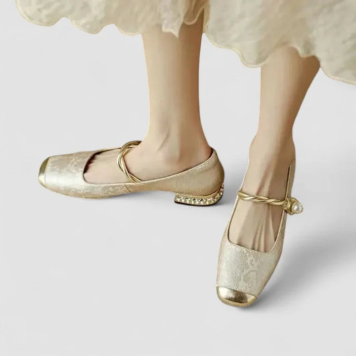 Patterned Mary Jane Shoes with Gold Toe and Block Heel