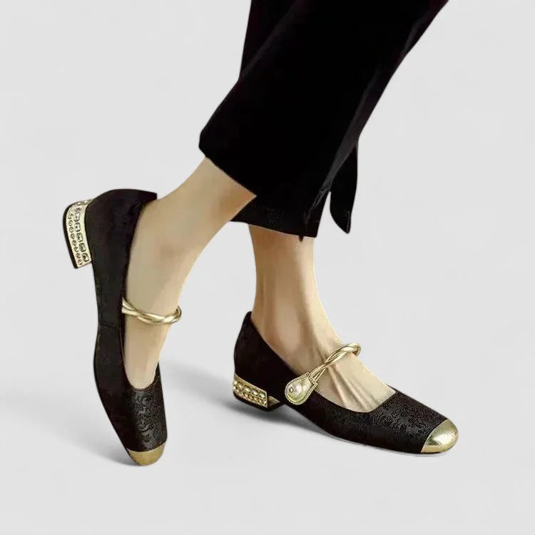 Patterned Mary Jane Shoes with Gold Toe and Block Heel