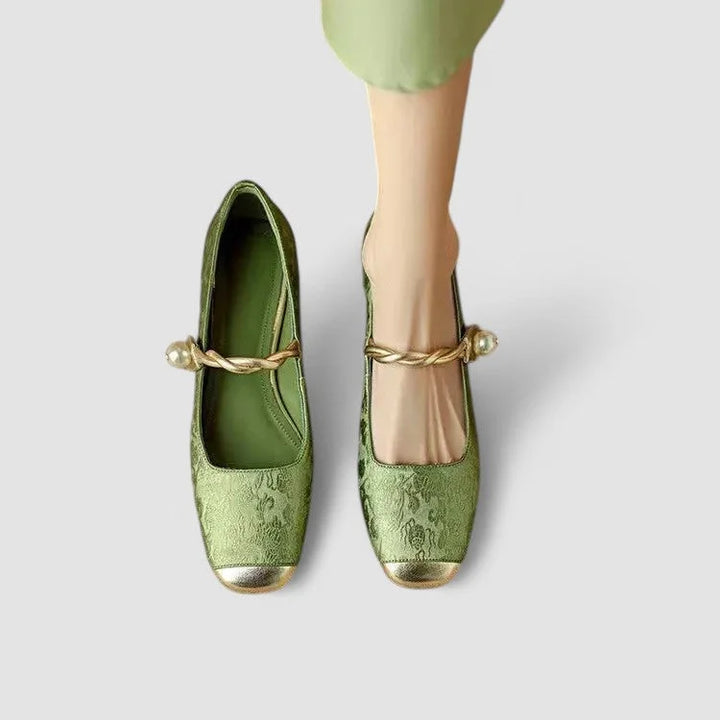 Patterned Mary Jane Shoes with Gold Toe and Block Heel