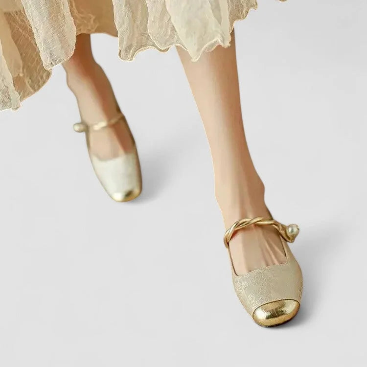 Patterned Mary Jane Shoes with Gold Toe and Block Heel