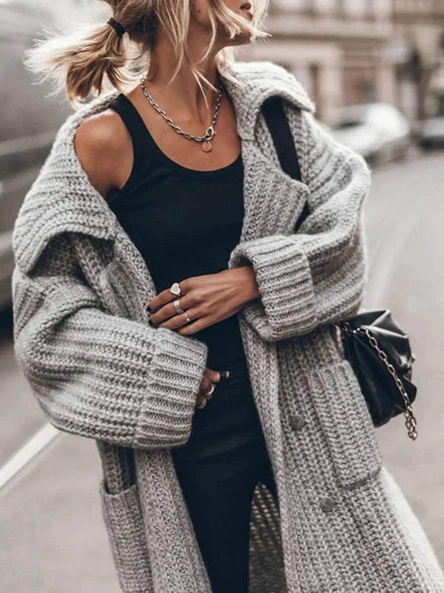 Oversized Chunky Rib-Knit Longline Lapel Cardigan