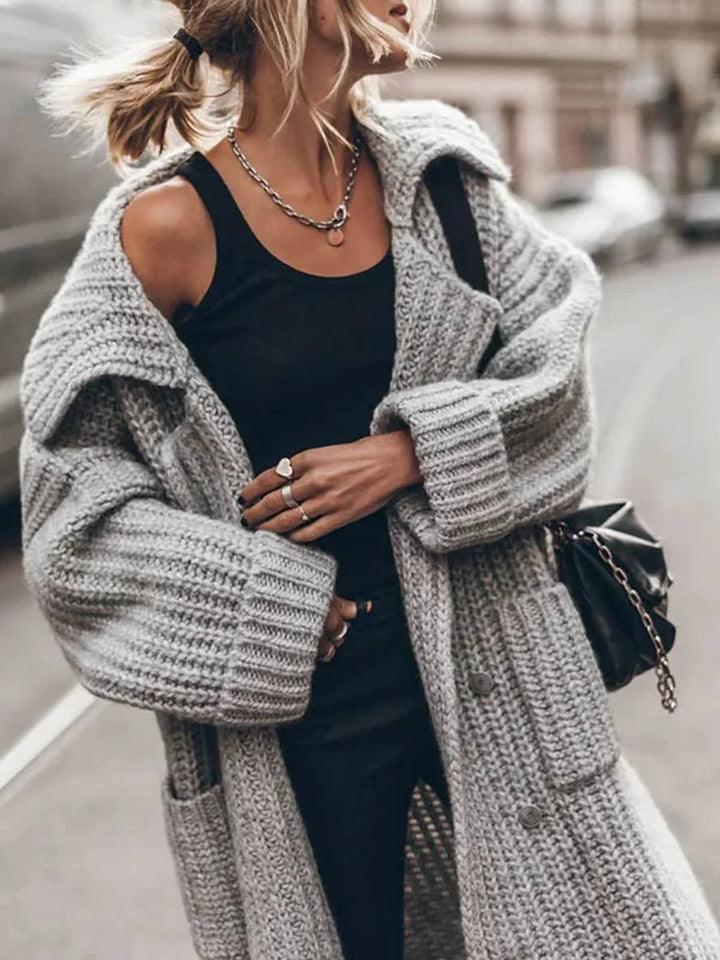 Oversized Chunky Rib-Knit Longline Lapel Cardigan