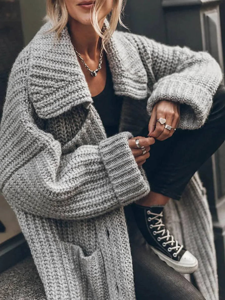 Oversized Chunky Rib-Knit Longline Lapel Cardigan