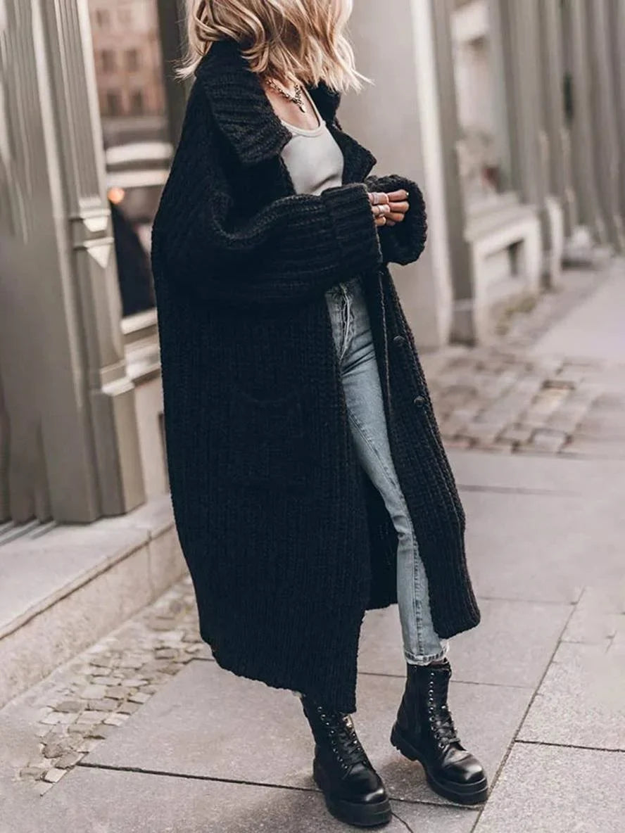 Oversized Chunky Rib-Knit Longline Lapel Cardigan