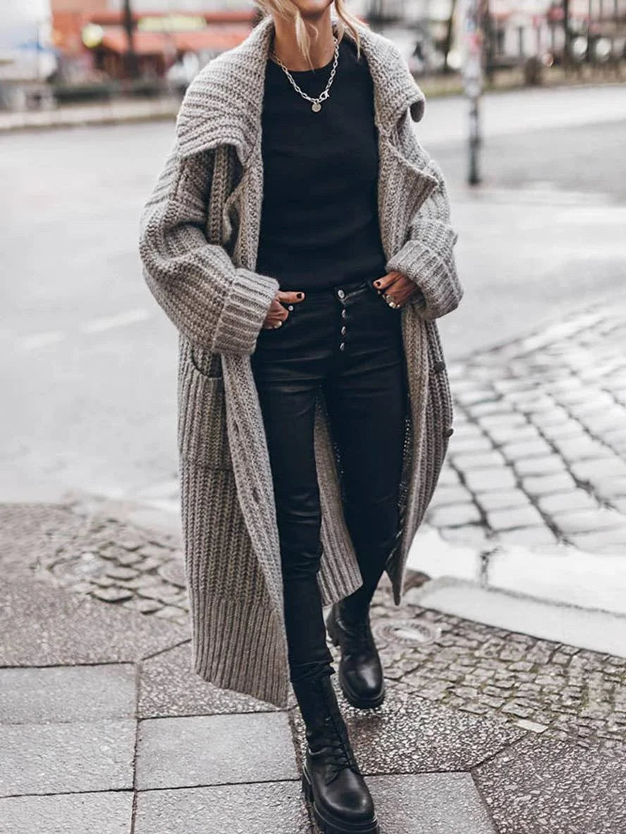 Oversized Chunky Rib-Knit Longline Lapel Cardigan