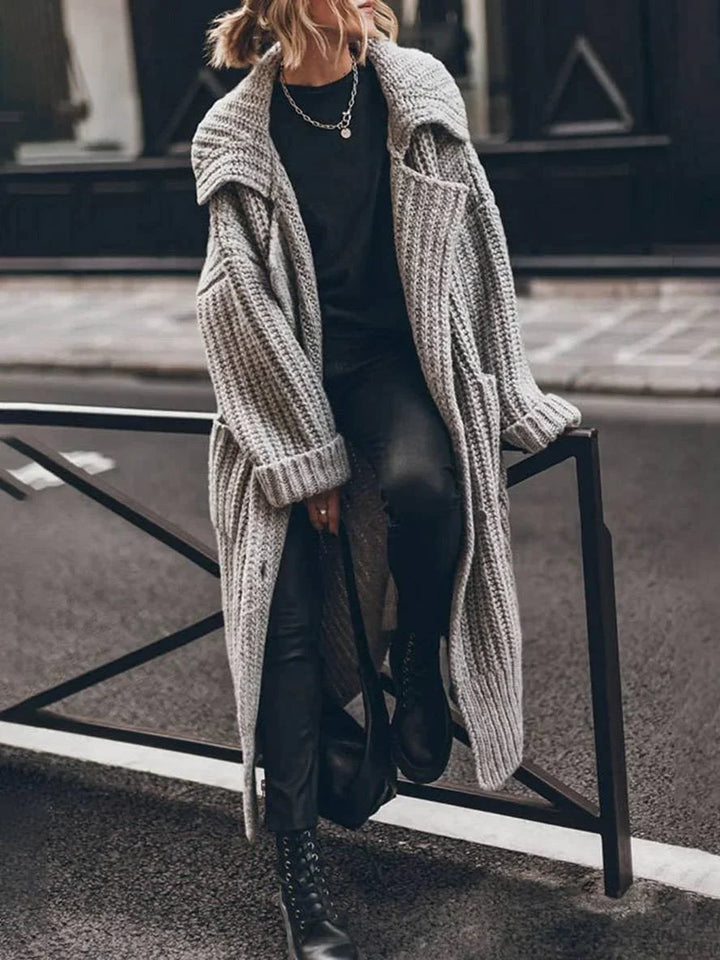 Oversized Chunky Rib-Knit Longline Lapel Cardigan