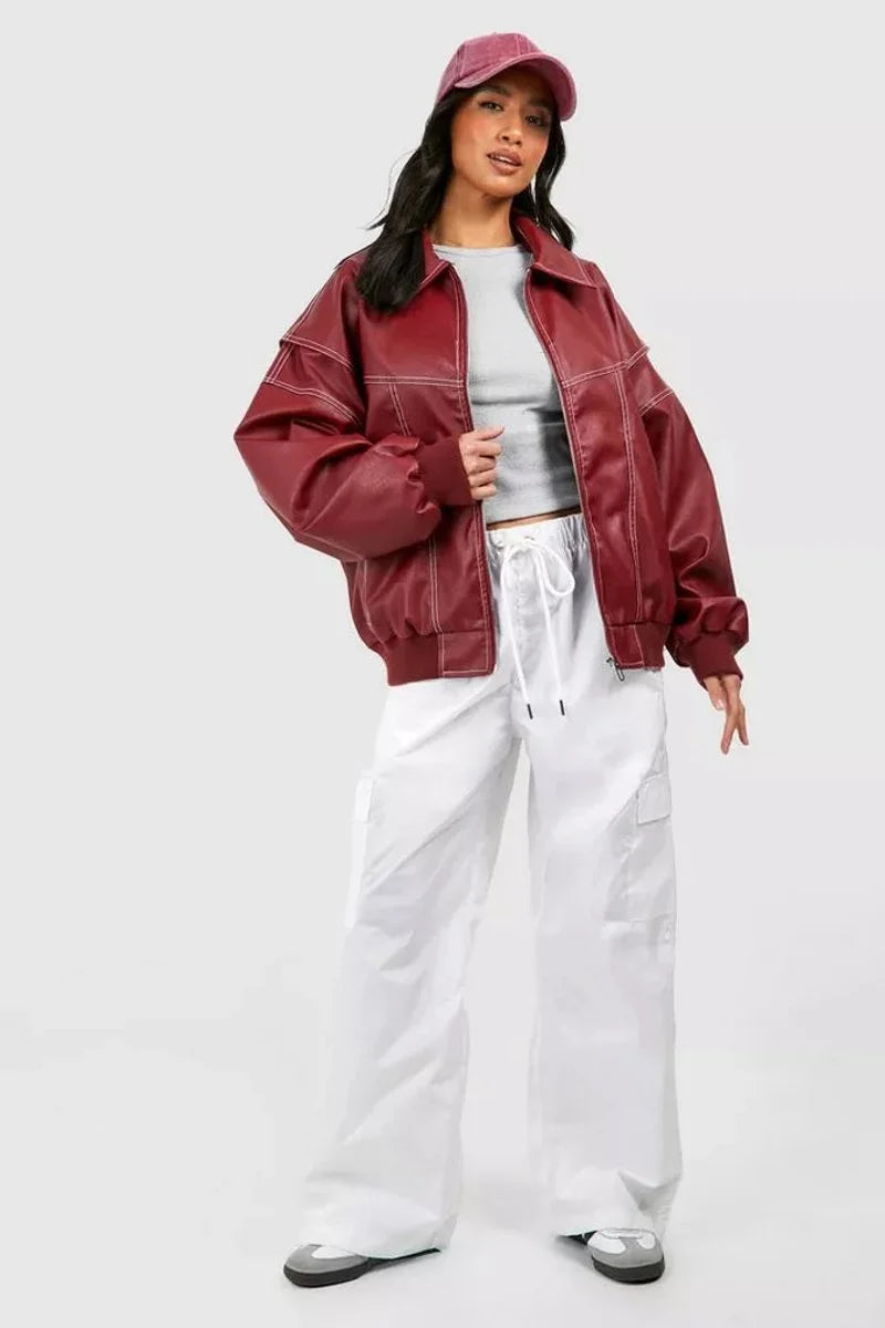 Oversized Quilted Bomber Jacket With Contrast Stitch