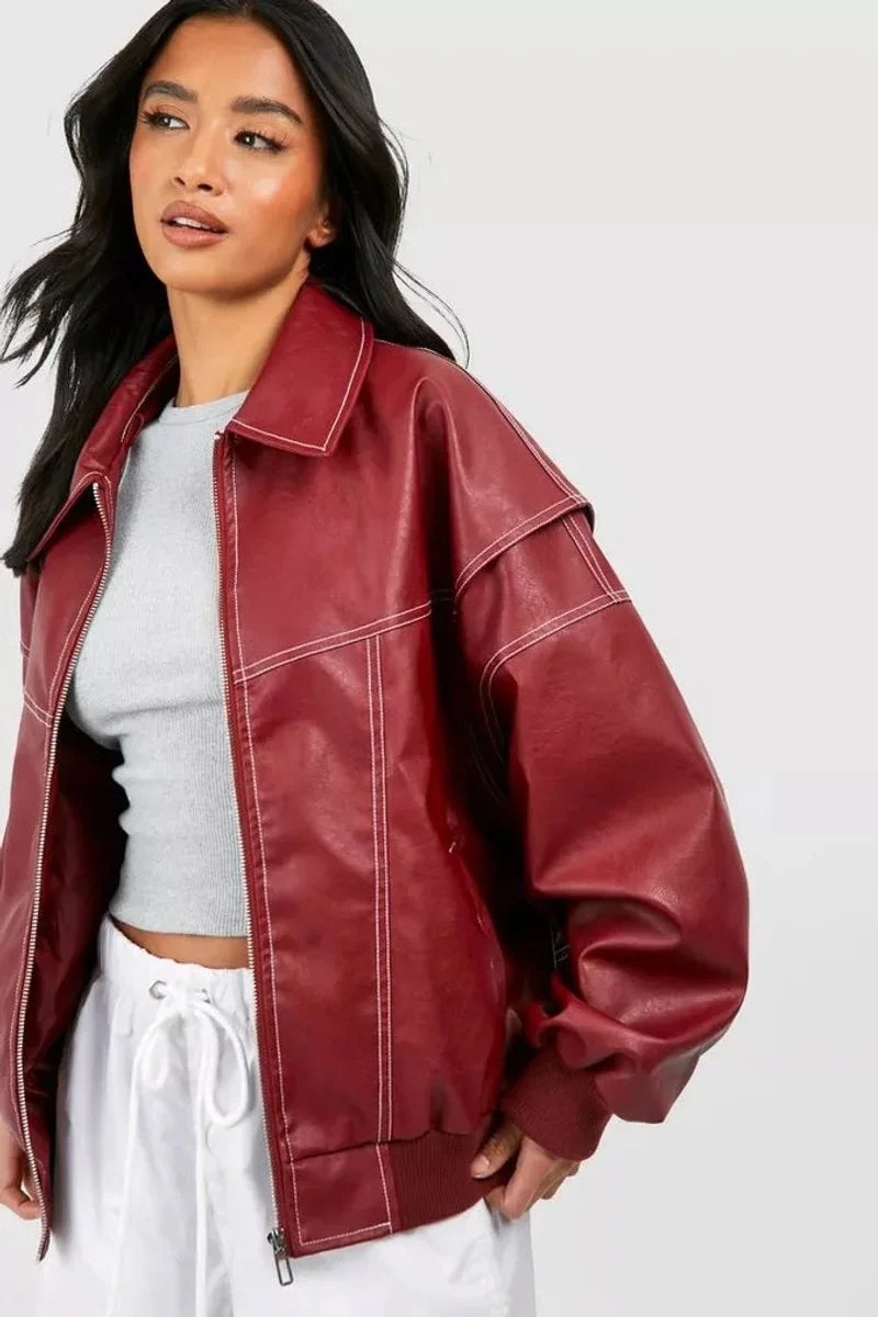 Oversized Quilted Bomber Jacket With Contrast Stitch