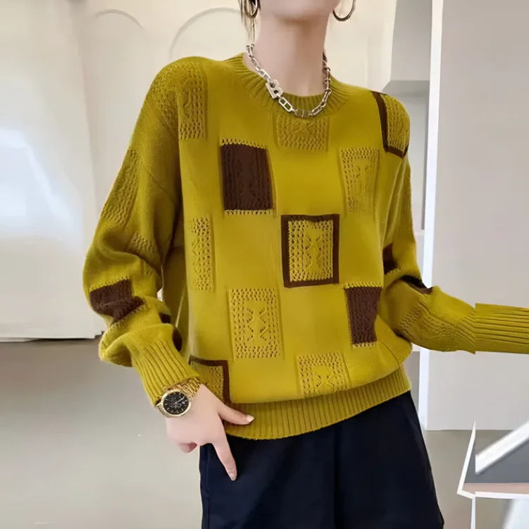 Patchwork Crew Neck Knit Sweater
