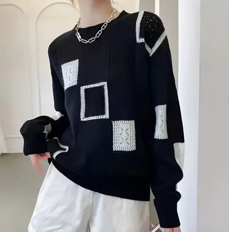 Patchwork Crew Neck Knit Sweater