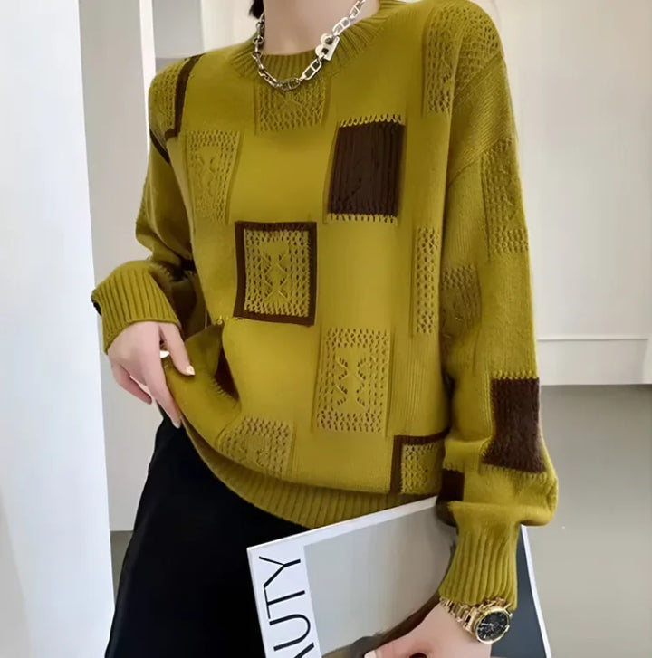 Patchwork Crew Neck Knit Sweater