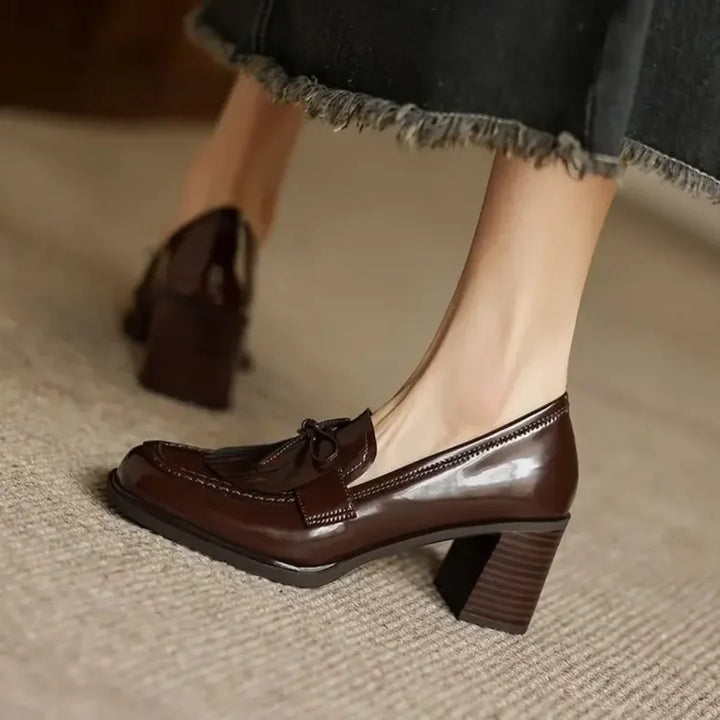 Patent Tassel Loafer Pumps with Block Heel