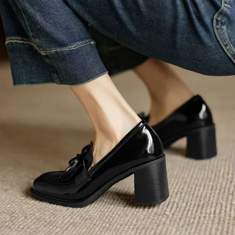 Patent Tassel Loafer Pumps with Block Heel