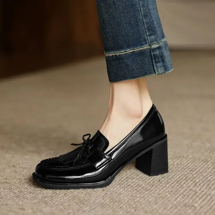 Patent Tassel Loafer Pumps with Block Heel