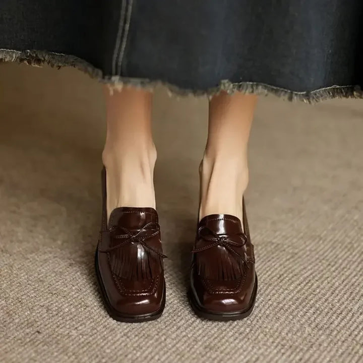 Patent Tassel Loafer Pumps with Block Heel