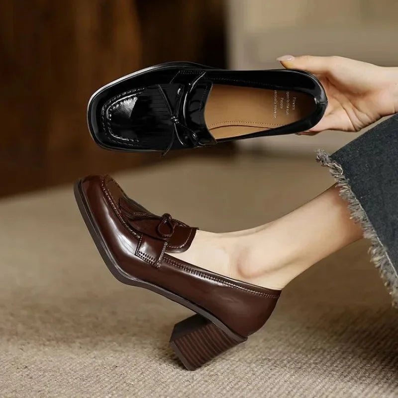 Patent Tassel Loafer Pumps with Block Heel
