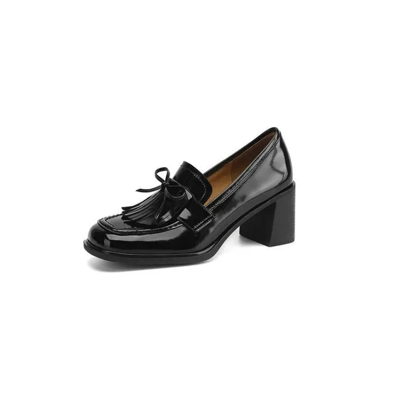 Patent Tassel Loafer Pumps with Block Heel