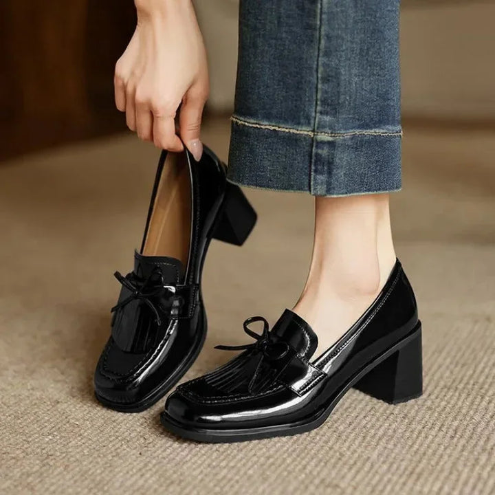 Patent Tassel Loafer Pumps with Block Heel