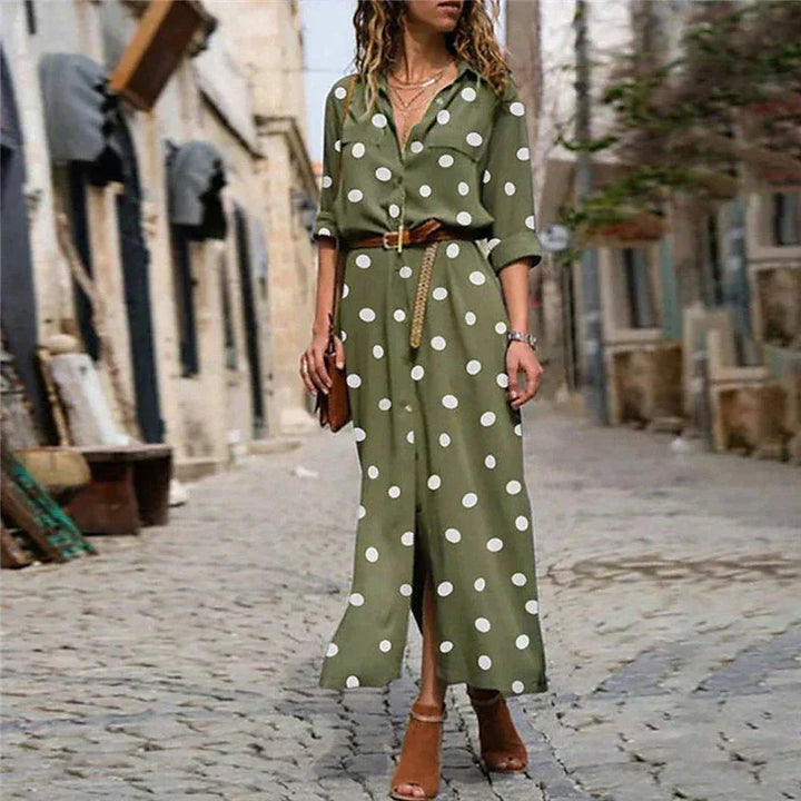 Polka Dot Long Sleeve Button-Down Maxi Shirt Dress