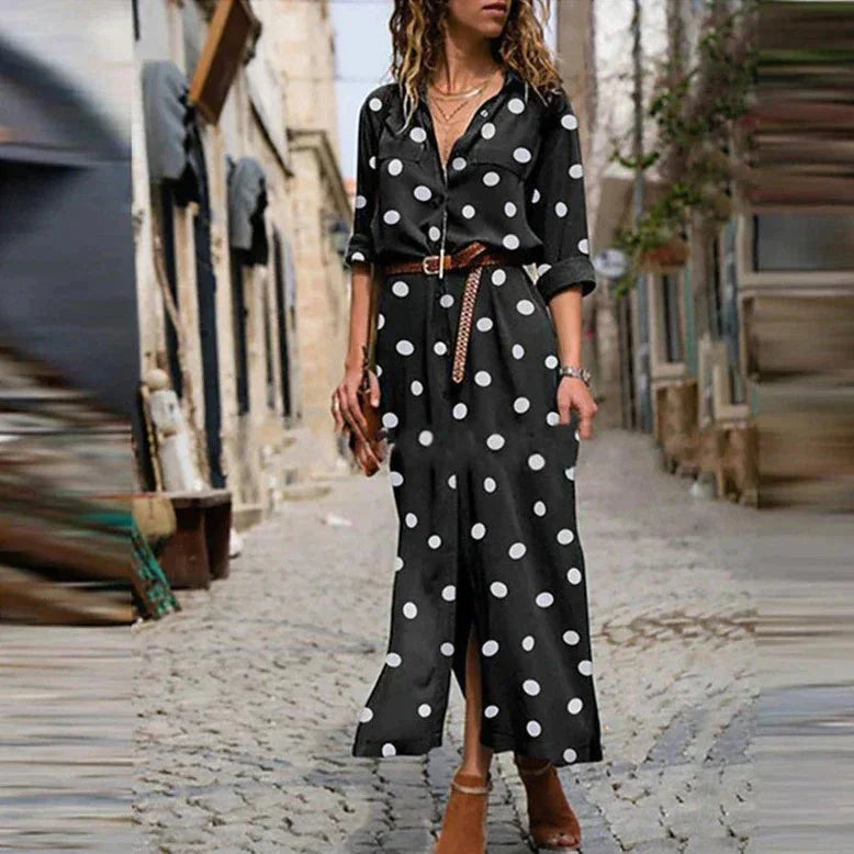 Polka Dot Long Sleeve Button-Down Maxi Shirt Dress