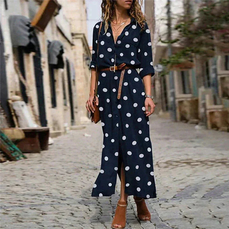 Polka Dot Long Sleeve Button-Down Maxi Shirt Dress