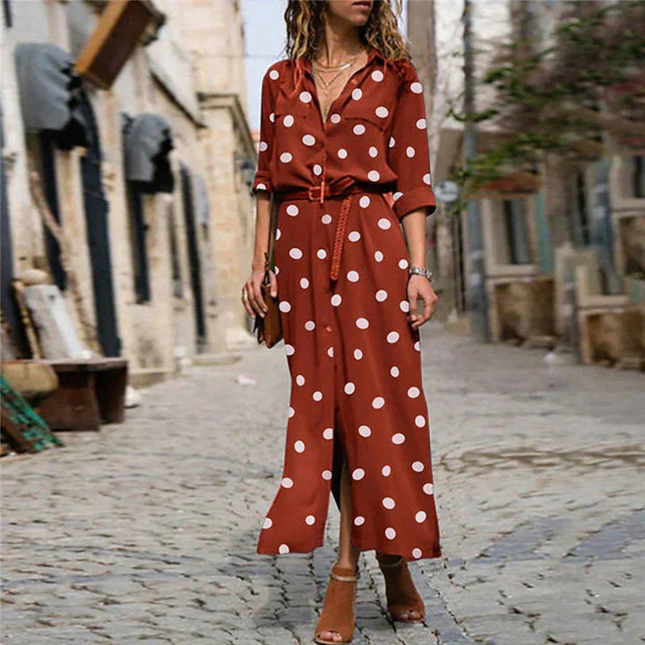 Polka Dot Long Sleeve Button-Down Maxi Shirt Dress