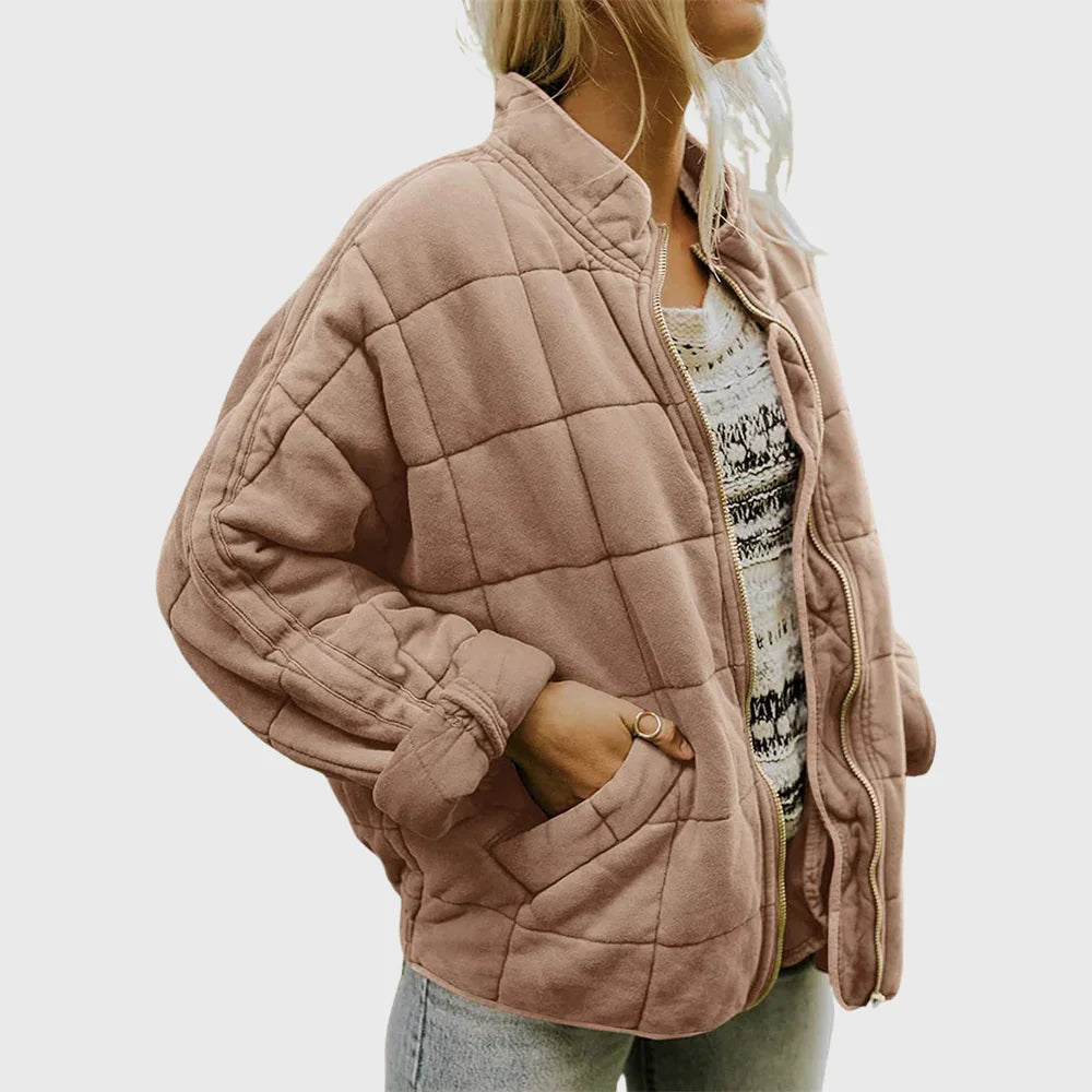 Quilted Denim-Style Jacket with Stand-Up Collar