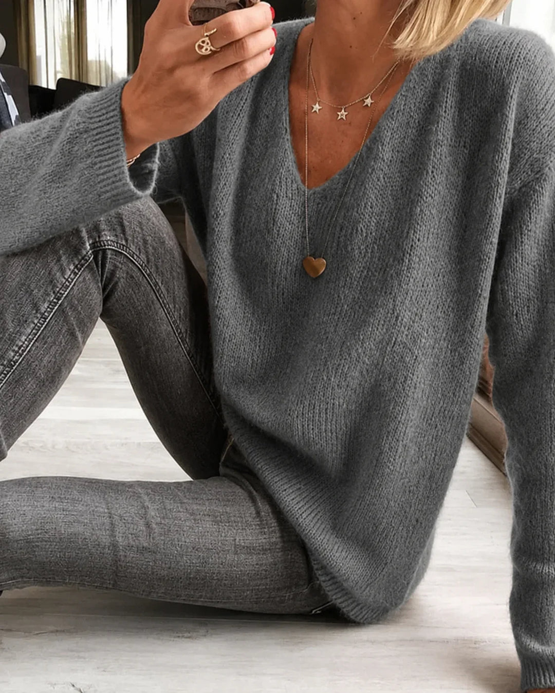 Relaxed Fit V-Neck Knit Sweater