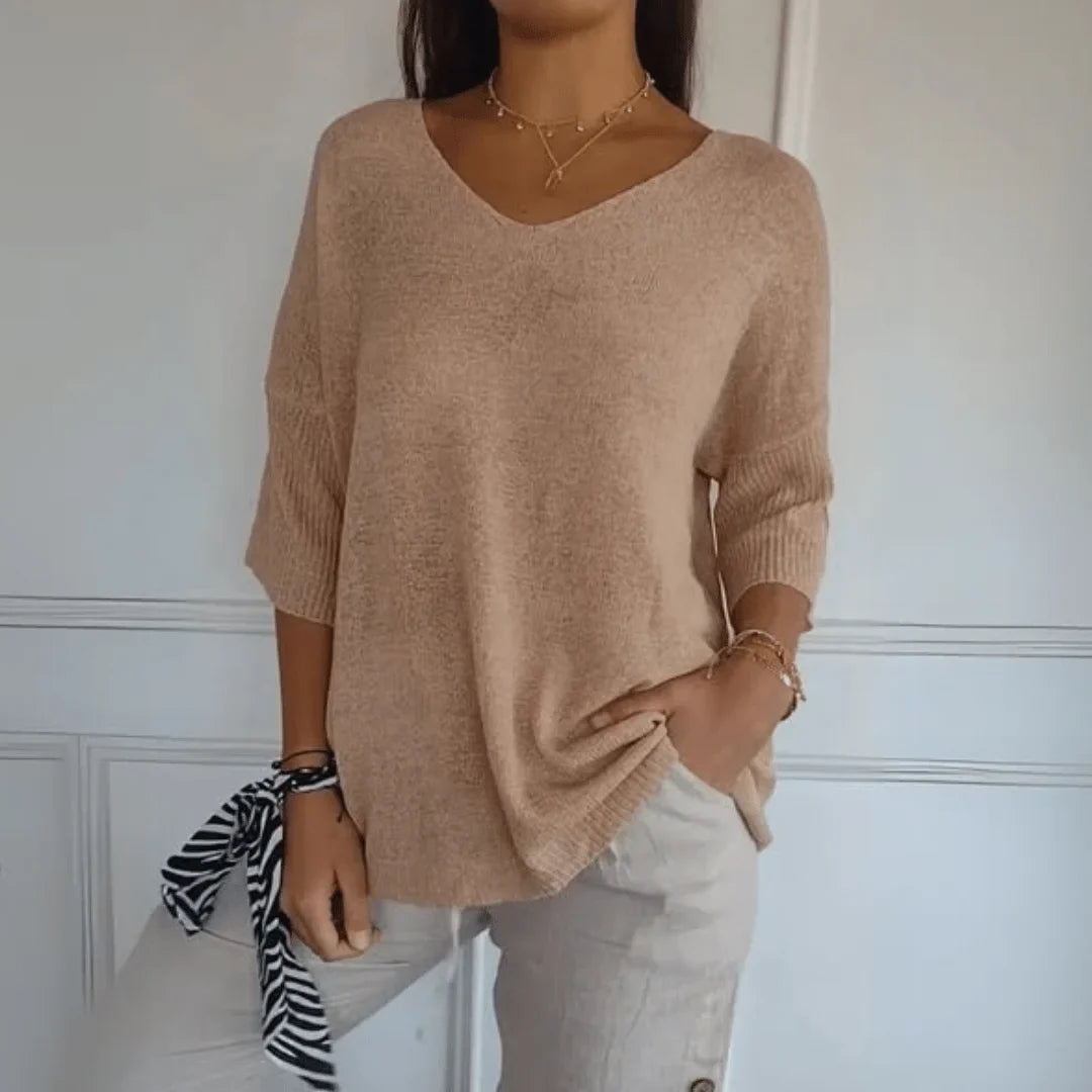 Relaxed Fit Lightweight Knit Top with V-Neck