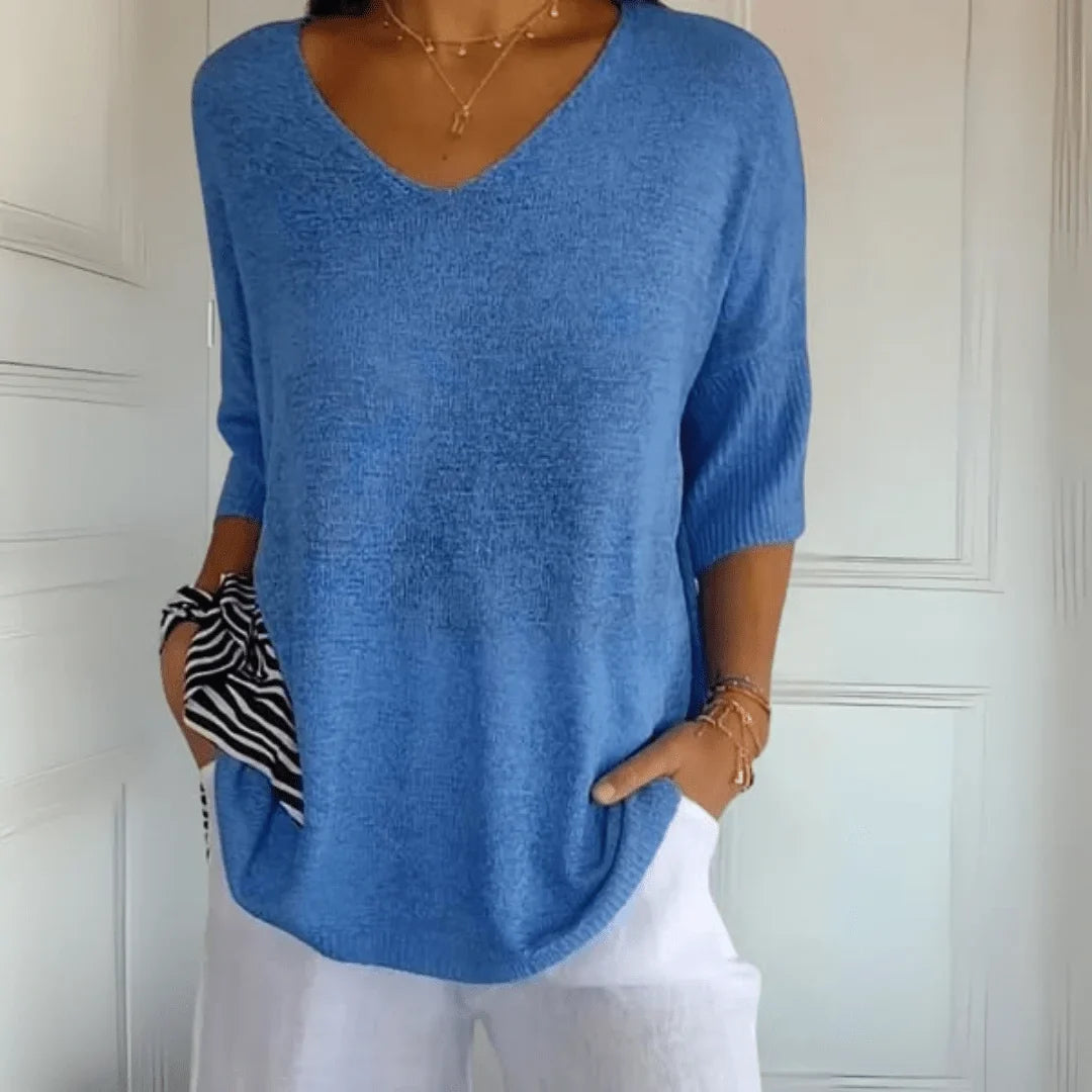 Relaxed Fit Lightweight Knit Top with V-Neck