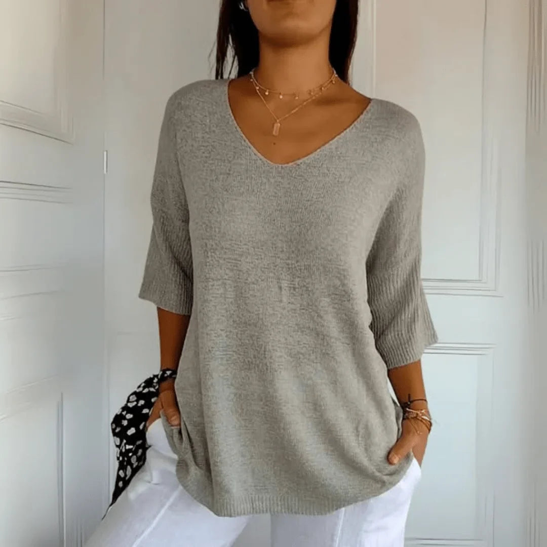 Relaxed Fit Lightweight Knit Top with V-Neck