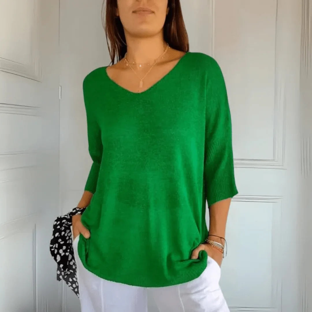 Relaxed Fit Lightweight Knit Top with V-Neck