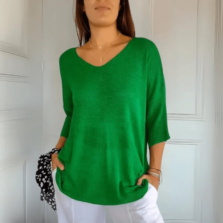 Relaxed Fit Lightweight Knit Top with V-Neck