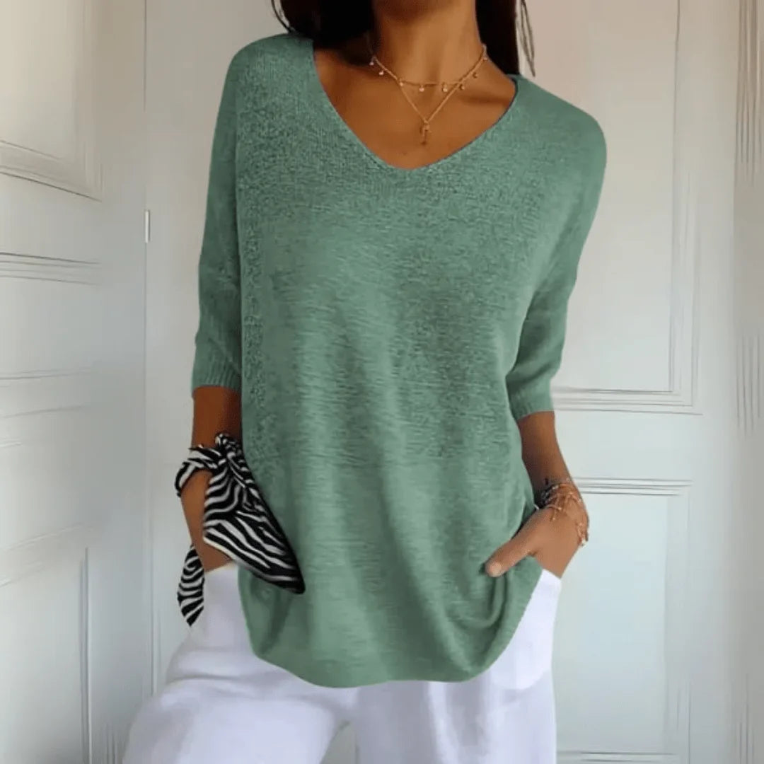 Relaxed Fit Lightweight Knit Top with V-Neck