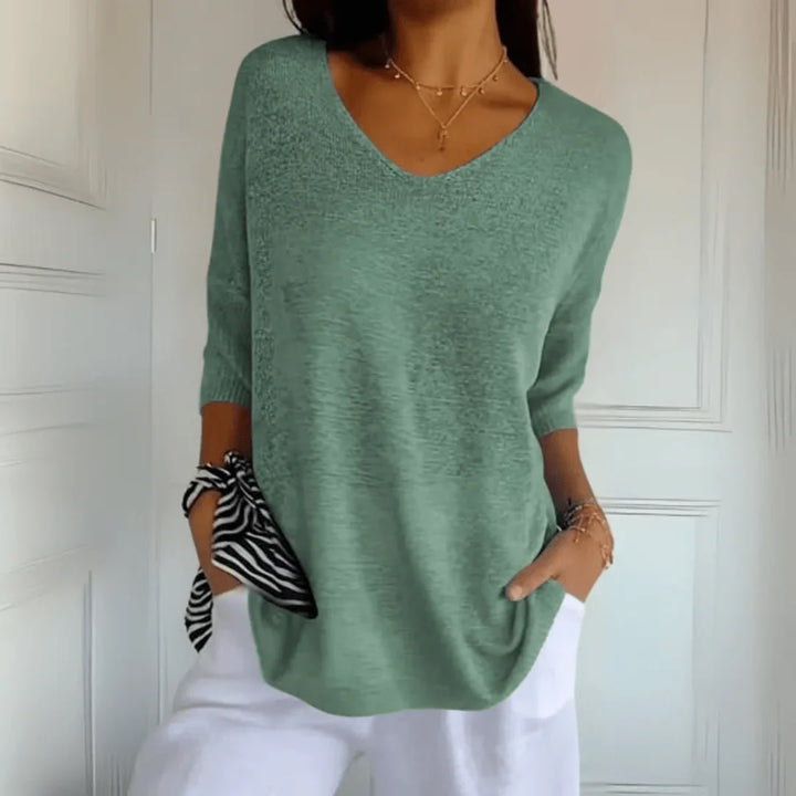 Relaxed Fit Lightweight Knit Top with V-Neck