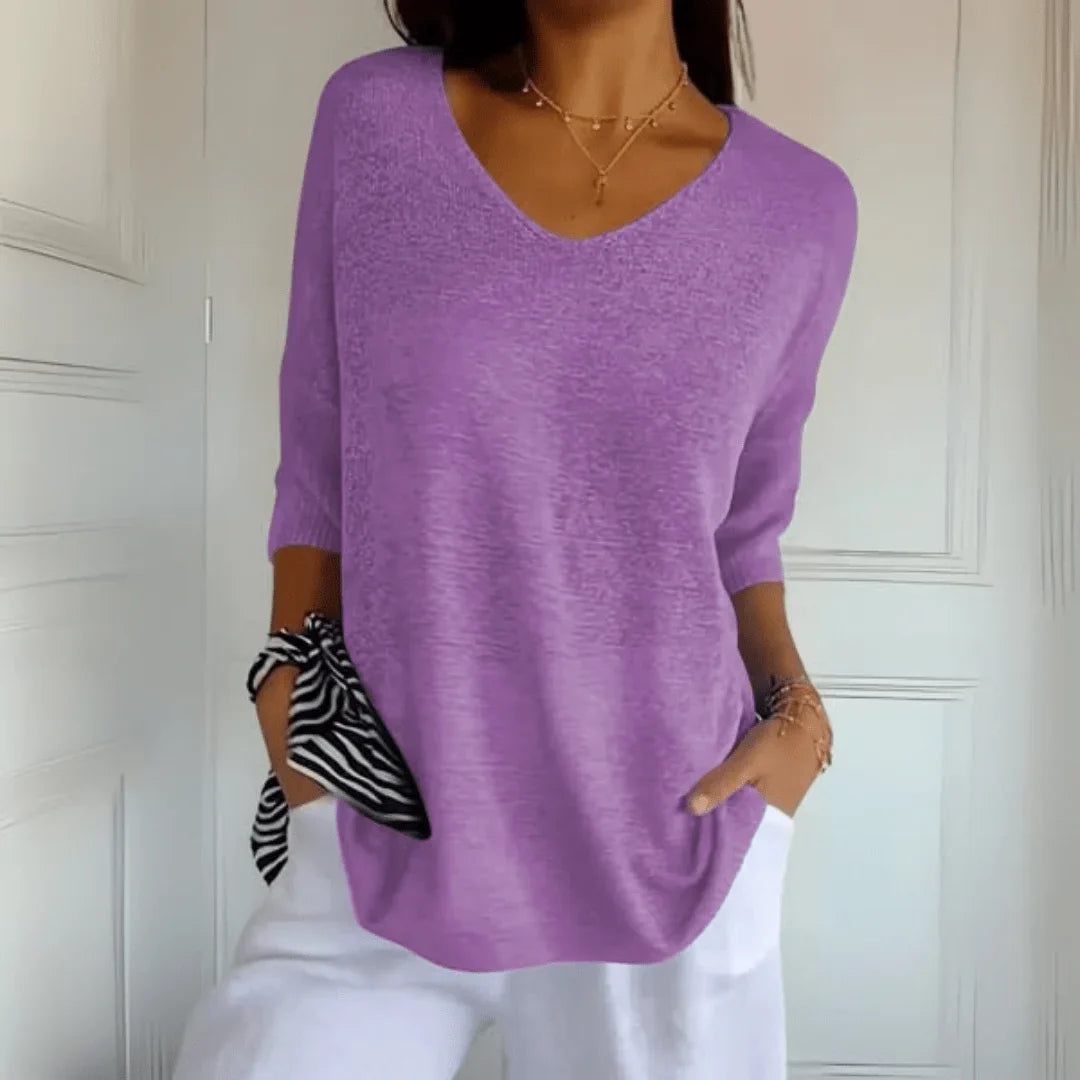 Relaxed Fit Lightweight Knit Top with V-Neck