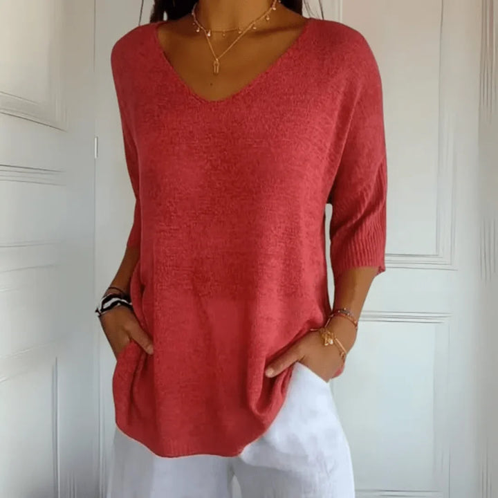 Relaxed Fit Lightweight Knit Top with V-Neck
