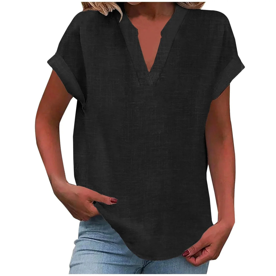 Relaxed Linen-Blend V-Neck Blouse