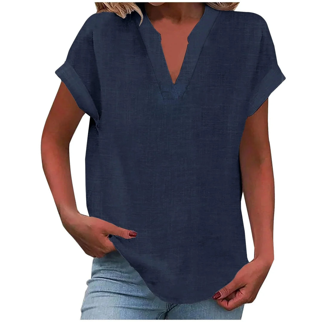 Relaxed Linen-Blend V-Neck Blouse