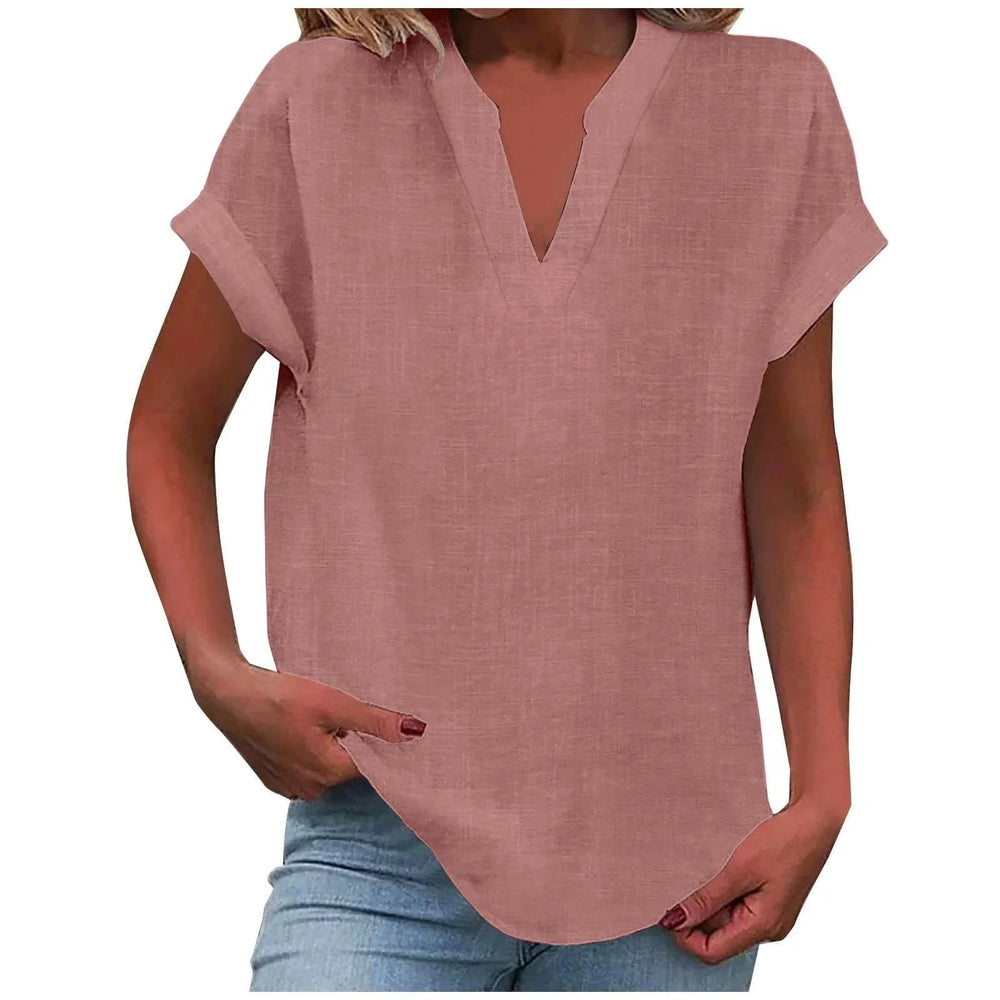 Relaxed Linen-Blend V-Neck Blouse