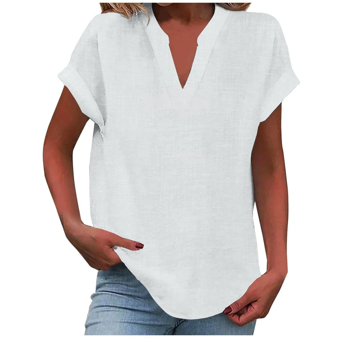 Relaxed Linen-Blend V-Neck Blouse
