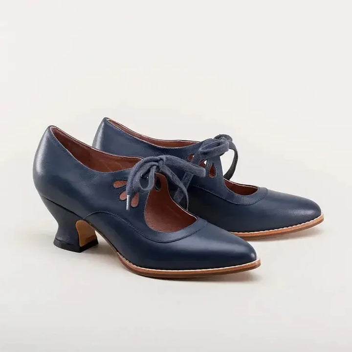 Retro Leather Lace-Up Heels with Cut-Out Detail
