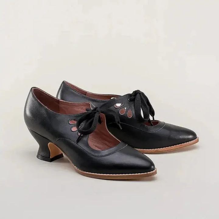 Retro Leather Lace-Up Heels with Cut-Out Detail