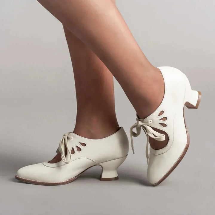 Retro Leather Lace-Up Heels with Cut-Out Detail