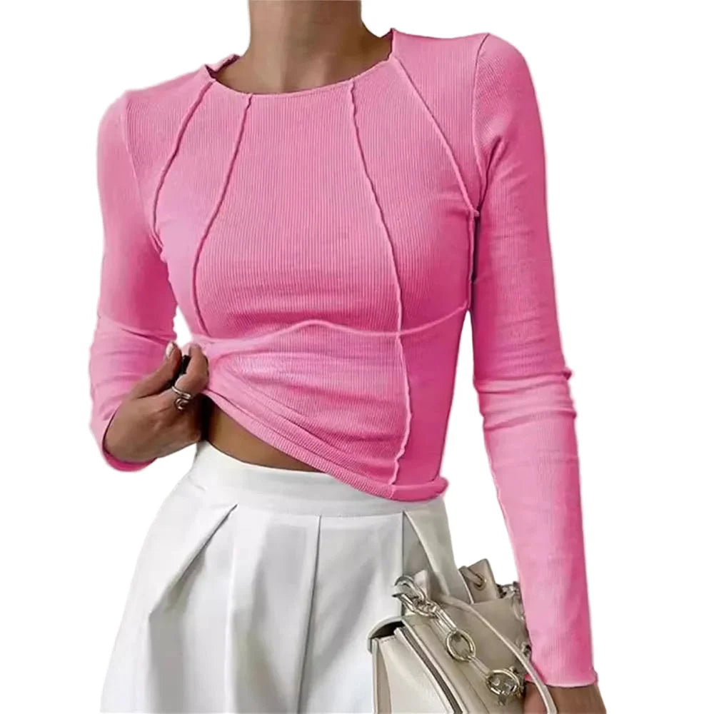 Ribbed Knit Long Sleeve Top with Sculpted Seams