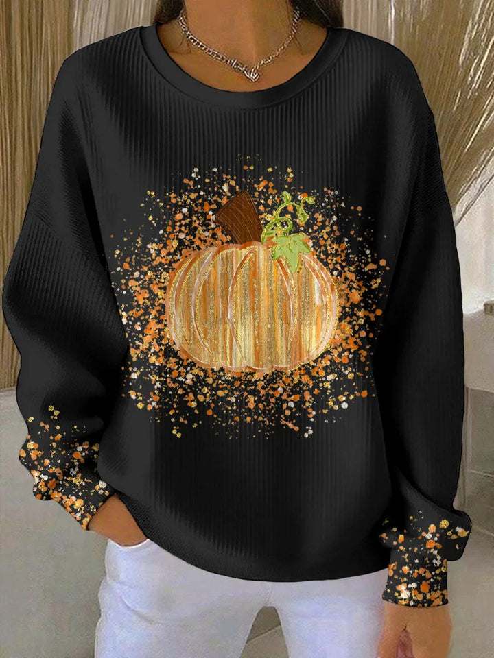 Ribbed Knit Pumpkin Print Long Sleeve Crewneck Tee