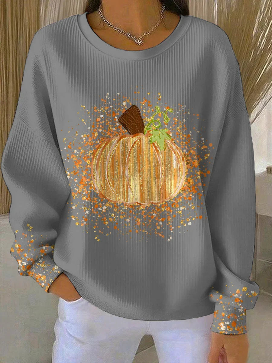 Ribbed Knit Pumpkin Print Long Sleeve Crewneck Tee