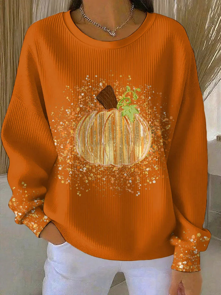 Ribbed Knit Pumpkin Print Long Sleeve Crewneck Tee