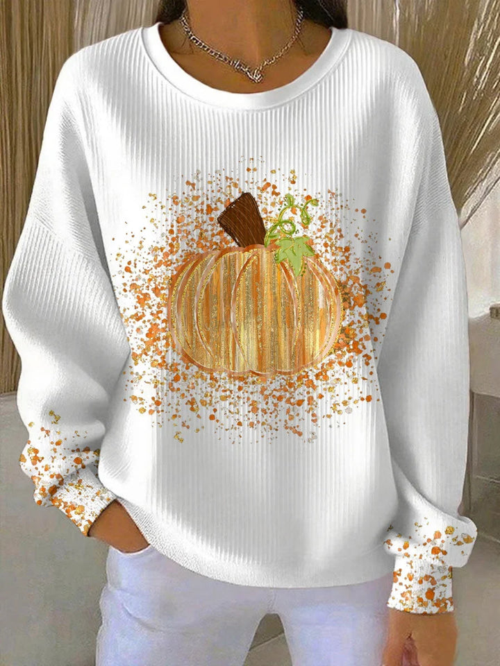 Ribbed Knit Pumpkin Print Long Sleeve Crewneck Tee